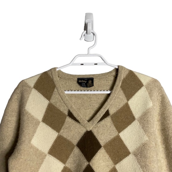 Wolsey Women's Tan Argyle 100% Lambswool Knit Sweater - Picture 2 of 8